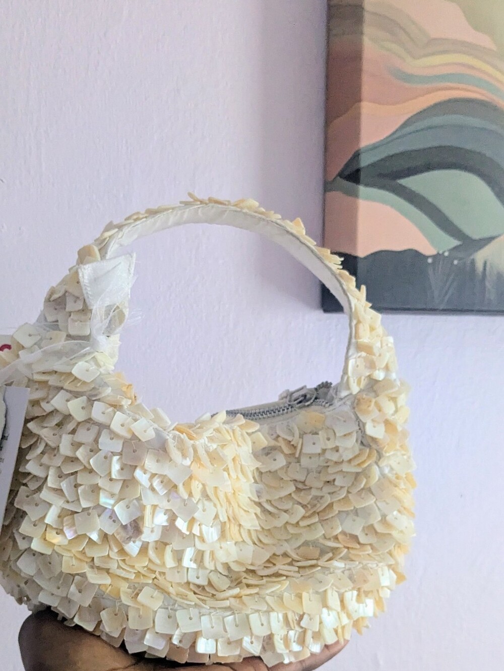 Cream Sequin Bucket Handbag - Unbranded